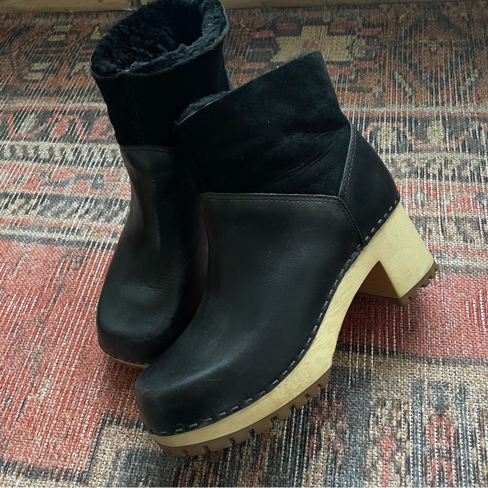 MIA Josi Black Leather Suede Boots with Wooden Heel
